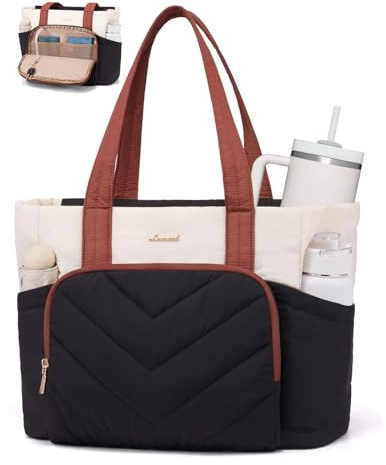 LOVEVOOK Shopper Tasche Handtasche Damen Groß, Leicht Puffer Arbeitstasche mit großem Wasserflaschenfach, 15,6 Zoll Laptoptasche Tote Bag, Lehrertasch Handbags Women für Uni Schule, Schwarz Weiß Braun