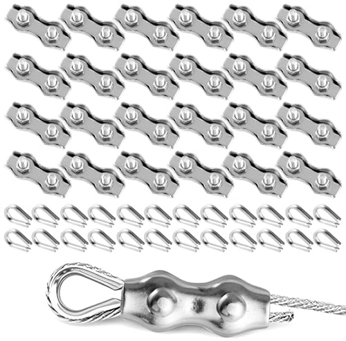 MIVIDE 24 Pièces Serre Cable Acier Duplex Clips 3mm, 24 Pièces Câbles Cosses, Serre Cable Inox 3mm, M3 Serre-Câbles Duplex pour Câble en Acier, Fil, Corde à Linge