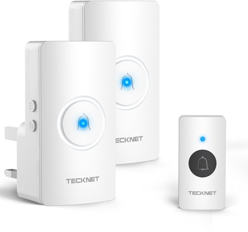 TECKNET Wireless Doorbell with 2 Receivers, Plug in Door Bell, White | IP65 Waterproof Portable Door Bells Wireless Cordless, 1300ft/400M Wireless Range, 60 Chimes, 5 Level Volumes, for Home
