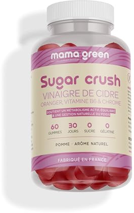 Mama Green - Gummies Sugar Crush - Vinaigre de cidre – Gestion du métabolisme - 60 gummies - Sans sucre – Sans colorants et arômes artificiels - Fabriqué en France