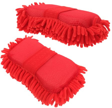Éponge de Lavage de Voiture en Fibre Synthétique Chenille, Lot de 2 | Polyester Rouge, Usage pour Carrosserie et Essuyage, Haute Absorption, Portable, sans Rayures