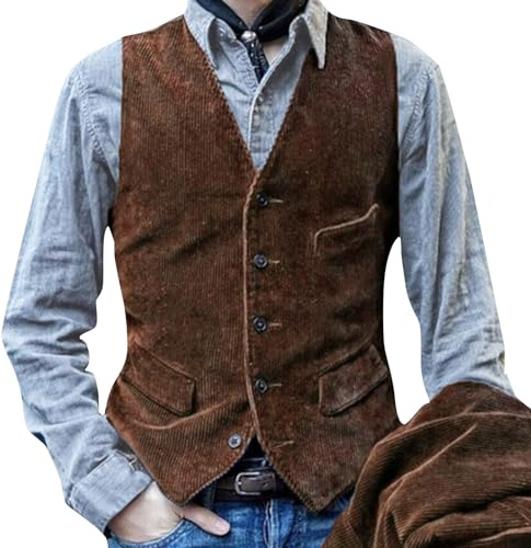 Generisch 2025- estilo británico ropa de trabajo chaleco de pana chaleco retro abrigo casual occidental juego de equitación, marrón, L