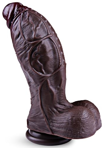 Grand gros godemichet noir 7,7 cm, 21,5 cm large godemichet réaliste en silicone avec ventouse et testicules, pénis anal courbé point G, jouet sexuel pour hommes et femmes avancés