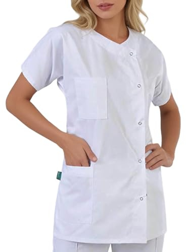Blouse Tunique Médicale Femme Blouse De Manches Courtes Col Rond Blouse Cuisine Blanche avec Poche DéContracté Grande Taille Chemisier Blouse Fermeture Pression 3 Poches Décontracté (White, XXL)