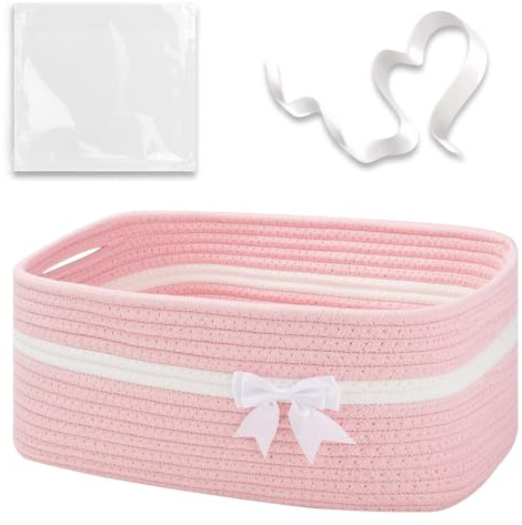 Cesta organizadora rosa trenzada con lazo decorativo, cestas de almacenamiento de cuerda de algodón, cesto regalo vacío para baby shower, decoración hogar y almacenamiento multiuso, 34×15×25 cm