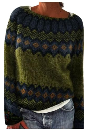 Pull NorvéGien Femme Laine Pull Fin Manche Longue - Knit Sweater Jacquard Col Bateau avec Motif Geometrique Vintage Grande Taille Pas Cher Pullover Tricoté Leger Thermal