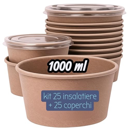 Terryshop74 Kit 50 Pezzi Insalatiere da Pokè 1000 ml in Cartone Kraft con Coperchi – 25 Ciotole + 25 Tappi Ermetici – Contenitori Monouso Grandi per Insalate e Pokè Bowl