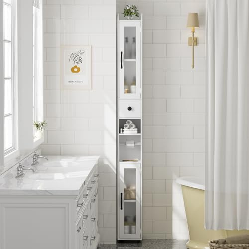 Schlanker Badezimmerschrank, Weiß mit Milchglastüren, verstellbaren Regalen, Magnetverschluss-Schublade, platzsparende Aufbewahrungslösung für moderne Häuser