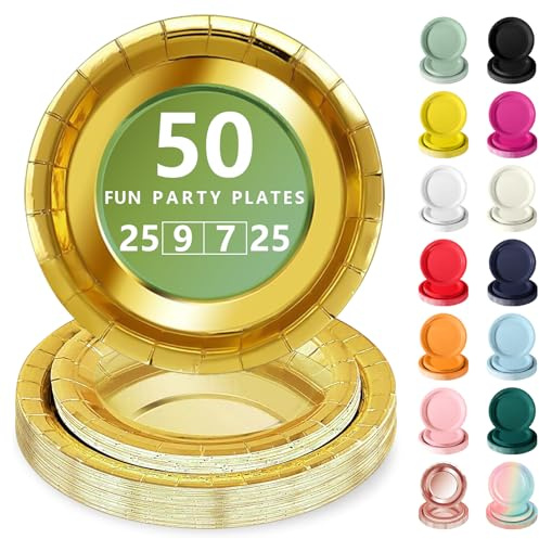 Nkaiso Platos Desechable, 50 Piezas Dorado Vajilla de Fiesta Set -25x 23cm & 25 x 18cm Platos de Carton, legante y Resistente para Bodas, Cumpleaños y Eventos | 25 x 23 cm y 25 x 18 cm. Platos desechables para cumpleaños, bodas, compromisos, bodas