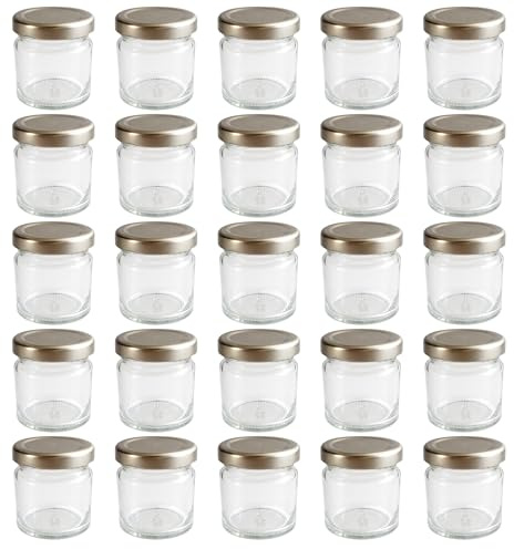 hocz 25x Mini Marmeladengläser 50 ml Set | Deckel Silber TO 43 | kleine Einmachgläser mit Schraubdeckel zum befüllen | Schraubgläser | leere Gläser für Marmelade | 25 Stück