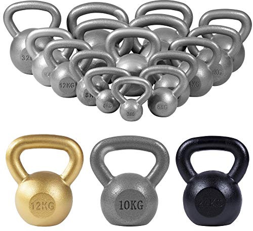 GORILLA SPORTS® Kettlebell 2–32 kg aus Gusseisen, einzeln oder als Set | Bodenschonend in Schwarz oder Silber, mit flachem Standboden und griffiger Struktur; Schwunghantel, Kugelgewicht, Rundgewicht