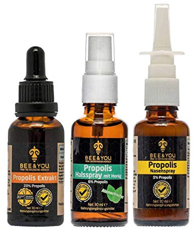 Bee&You (Propolis Tropfen mit 20% natürlichem Propolis-Extrakt – Propolis Nasenspray 5% – Propolis Halsspray mit Honig 6%)