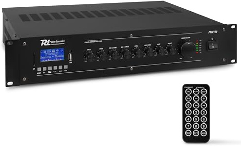 Power Dynamics PRM120 PA Endstufe - Verstärker für Lautsprecher und Musikanlagen, 100 Volt System, 120 Watt PA Verstärker, Bluetooth, MP3-Player, USB, SD, 2x Mic, Soundverstärker | LCD-Display mit ID3, Phantomspeisung, VOX-Priorität, Wiedergabe von USB und SD-Karte.