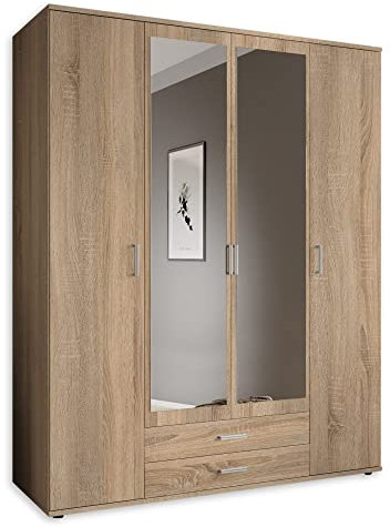 KARL Eleganter Kleiderschrank 4-türig mit viel Stauraum - Vielseitiger Drehtürenschrank in Eiche Sonoma Optik mit Spiegeltüren - 160 x 196 x 54 cm (B/H/T)