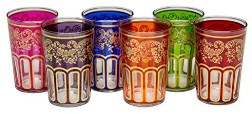 Moroccan Tea Glasses with a Beautiful Classical Moroccan Design Painted and Decorated by Hand Pack of 6 (Multicoloured)