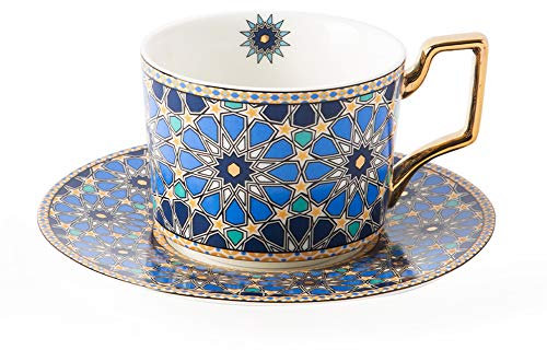 JMCRATE Tazas de té y café, 221.1 g de porcelana de hueso, hermosa taza de té con platillos a juego, color azul