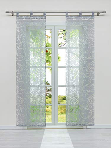 HeichkelL Schiebegardinen mit Schlaufen 2er Set Voile Transparente Flächenvorhänge Ausbrenner in Ranken-Muster Schiebevorhang Zubehör Beschwerungsstäben Grau BxH 57x145 cm