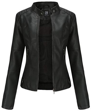 Zhiyuanan Giacca Ecopelle Donna PU Slim Fit Sottile Collo Alto Primavera Autunno Manica Lunga Elegante Giubbino Corto Giubbotti Biker con Cerniera