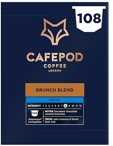 CafePod Espresso Decaf Coffee Pods - Compatible with Nespresso Coffee Machine, Intensity 12 with Rich Caramelised Chestnut Notes - Rainforest Alliance Sourced - Decaf Brunch Blend 108 Capsules