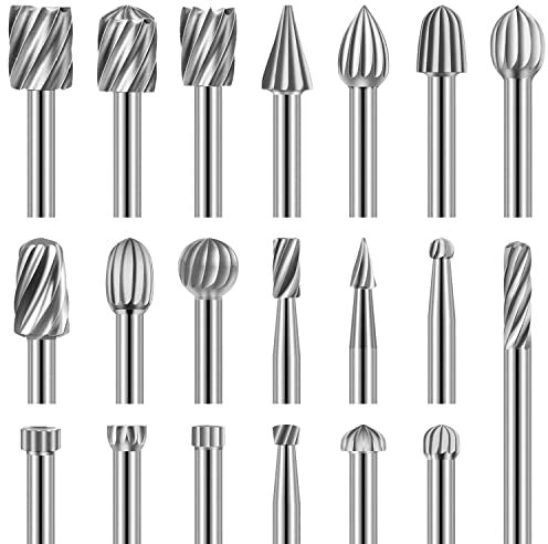 Holzschnitzerei Bohrer Set für Rotary Tool, 20 Stück HSS-Drehfräser-Set, Frässtifte für Heimwerker, Holzarbeiten, Schnitzen, Gravieren, Bohren – 3 mm Schaft