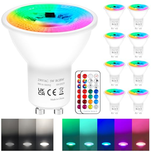 REYLAX Ampoule GU10 LED 5W Equivalence 50W 450lm RGB Spot Changementde Couleur Ampoules Blanc Froid LED GU10 Dimmable avec Télécommande pour Luminaire Sur Rail Applique Murale paquet de 8