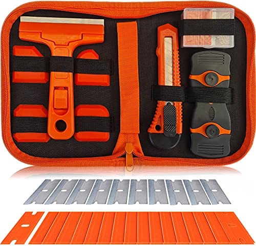 Caulking and Scraper Tools Razor Blade Remover 34 - Piece Set - Plastic & Stainless Steel Blades for Adhesive Removal, Sealing, Wallpaper Application, Stripping, Stickers, Silicone & More by MEBTOOLS