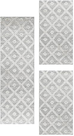 Carpettex Bettumrandung Schlafzimmer 3teilig Kurzflor Teppich 3-D Rauten Design Grau Bettset:2 mal 60x110 + 1 mal 80x150 - Bettvorleger Schlafzimmer Läufer Set Weicher Bettumrandung Teppich