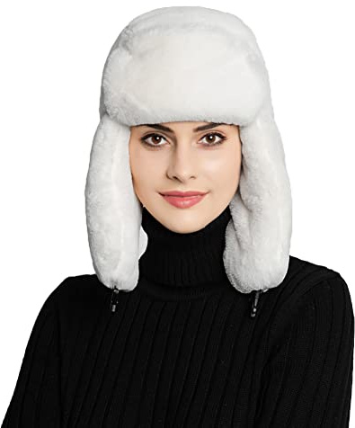 Malaxlx Damen Wintermütze Weiß Plüsch Fliegermütze Warme Fellmütze Pelzmütze Trappermütze Ohrenklappe Mütze Winddicht Kunstfellmütze Russische Kosaken Mütze Skimütze
