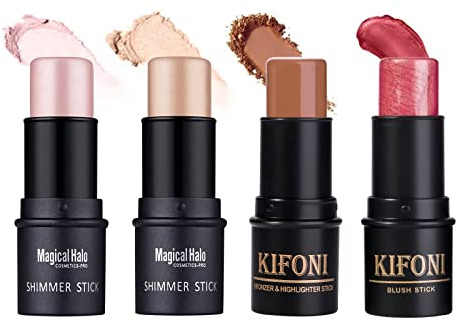 SUMEITANG 4PCS Contour Stick - Highlighter And Cream Blush Stick 4 Colors Kit - Moisturizer, Face Brightens & Shades Pencil, Facial Shaping Makeup Sticks for Older Women & Mature Skin