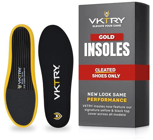 VKTRY Performance innersulor – guld VK för Cleated Sports – kolfiber stötdämpande sko innersulor – fotboll, baseboll/softball, lacrosse, cykling, US: Män 12–12,5, kvinnor 14–14,5