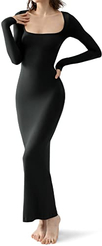 PUMIEY Long Sleeve Dress for Women Maxi Dress Sexy Bodycon Black Dresses for Women Jet Black Medium