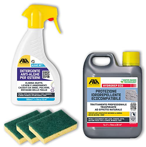 MASTERBRICO Kit Pulizia con Algaenet 500ml + Hydrorep Eco 1L + Spugne | Detergente Anti Alghe + Protezione Idrorepellente Ecocompatibile Per Rimuovere Muschi da Cemento, Fughe, Mattoni, Klinker