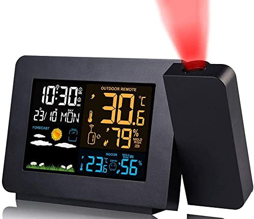 Projection Alarm Clock, Digital Clock Projector on Ceiling with Indoor/Outdoor Temperature Display, Wireless weather station,Dual Alarms, Snooze, Colored Backlight, Weather Forecast