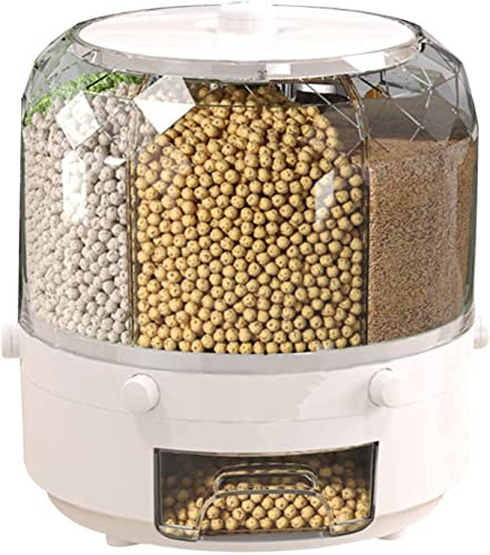ASEELO 6-Grid Rotating Food Dispenser, Transparent Cereal Dispenser, Waterproof Food Storage Bucket for Household Kitchen (White)