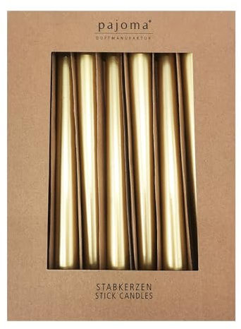 pajoma® Stabkerzen Gold-Metallic 10 Stück - Höhe 25 cm ø 2,2 cm | Brenndauer 7 Stunden, Premium Qualität - einfarbige Spitzenkerzen