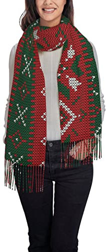 QQIAEJIA Damen Herbst Winter Bunt Tie Dye Print Rot Schal Klassische Quaste Schal Warm Weich Groß Wrap Schal Schals, Strickmuster für Weihnachten, Rot / Grün, One size