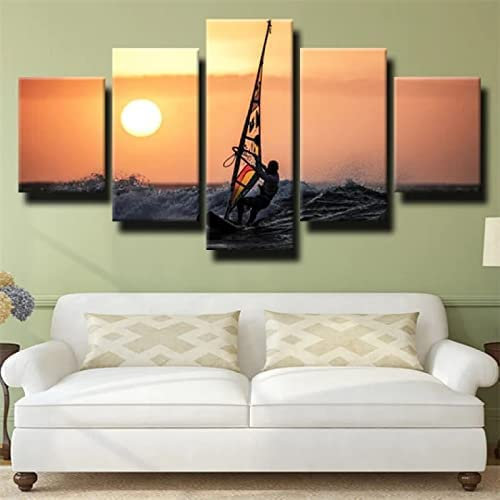 Kunstdrucke Gemälde 5 Teilig Leinwand Drucke,Wand Für Zuhause Malerei Wohnzimmer Wohnung Deko Modulare Bilder Wassersport Surfen Sonnenuntergang Hd Gedruckt Poster Rahmenlos 200 X 100 Cm Schlafzimmer