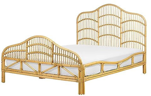 Beliani Bett Rattan Hellbraun mit Lattenrost 140 x 200 cm hohes Kopf- & Fußteil Domeyrot