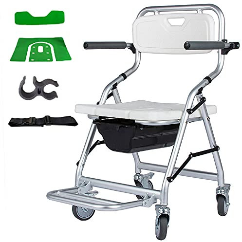 Silla de ducha plegable para ancianos y discapacitados con ruedas, silla de inodoro con maceta, brazos y piernas, silla de transferencia al aire libre para discapacitados; ideal para dormitorios,