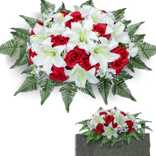 XONOR Artificial Cemetery Flower Saddles for Graves, Cemetery Memorial Flowers for Outdoor Headstone Tombstone Decorations, Lily Rose Flowers Saddle(White Lily)