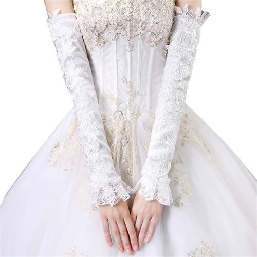 SePkus Brauthandschuhe, Hochzeitshandschuhe, Spitze, Lange, verdickte warme Handschuhe, Winter-Brauthandschuhe für Hochzeit (weiß 6 1/8)