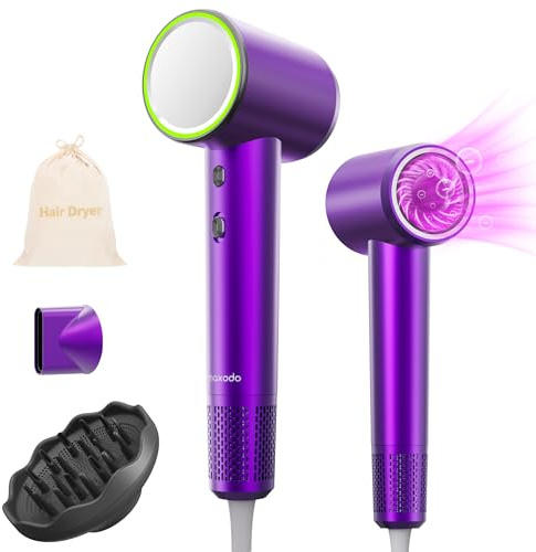 High Speed Hair Dryer with Diffuser, 110,000RPM Ionic Blow Dryer for Fast Drying, Portable Travel Low Noise Thermo-Control Hairdryer with Nozzle for Home Travel (Purple)