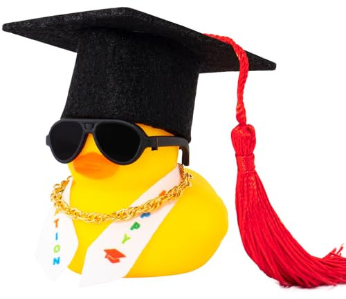 wonuu Graduation Stole Rubber Ducks, Dashboard Decorations Duck for Car Ornament Accessories with Hat Sunglasses Sash Chain (Red)