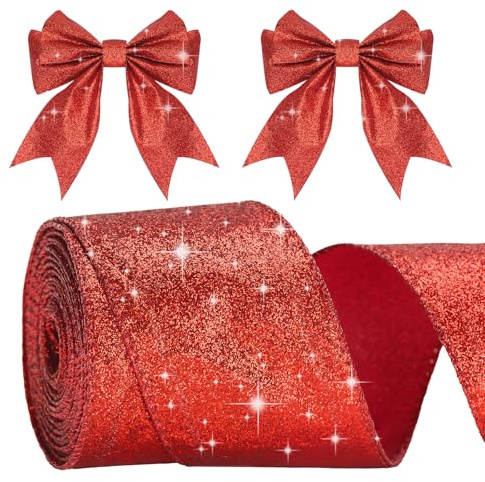 G2PLUS Rot Schleifenband mit Draht, 6CM Breite Geschenkband Glitzer, 10m | Weihnachten Drahtkantenband, Rot Weihnachten Schleifenband mit Glitzer für Geschenkverpackung, Weihnachtsbäumen Deko