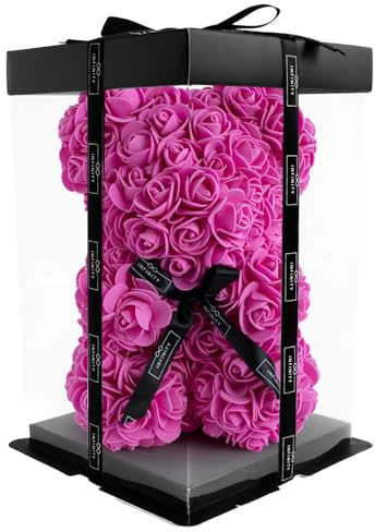 Infinity® Rosenbär Hot Pink 25 cm – Handgefertigter Bär mit Geschenkbox & über 300 duftenden 3D-Rosen – Geschenk für Frauen, Geburtstag oder Jahrestag