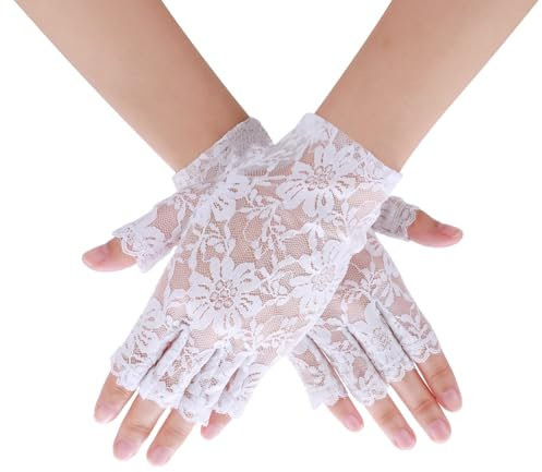 Lusofie Spitzenhandschuhe Weiß für Teeparty Kurze Fingerlose Handschuhe Damen Formelle Oper Blumenmuster Halloween Hochzeit Weiße Handschuhe Spitze