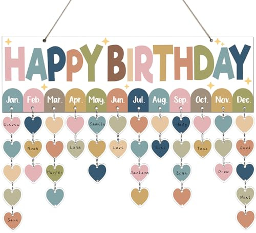 Boho Colorful Birthday Reminder Calendar Wall Hanging Decor(16x5in) DIY Birthday Tracker Calendar Board with 110pcs Wood Tag Birthday Sign Reminder Plaque for Office Classroom Bulletin Board Family