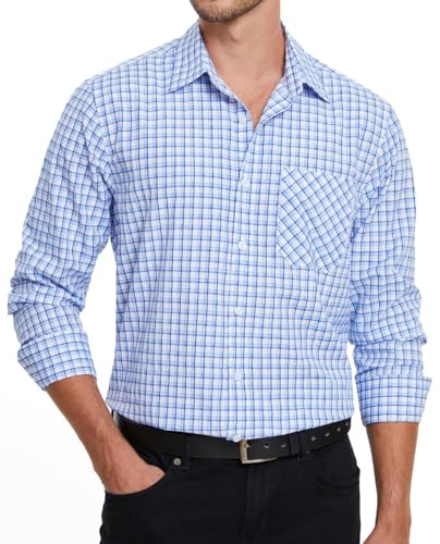 Enlision Mens Shirt Long Sleeve Smart Casual Plaid Check Work Shirts for Men Gingham Country Overshirt Button Down Top with Pocket Regular Fit, Blue and White, L