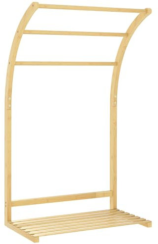HOMCOM Porte-Serviettes en Bambou 3 Barres avec étagère de Rangement, Porte-Serviettes sur Pied pour la Salle de Bains et la buanderie, Finition Naturel