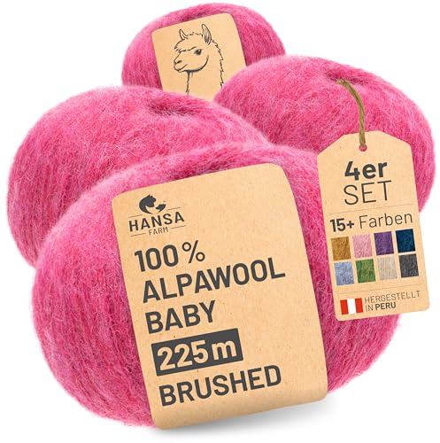 HANSA-FARM |Alpawool 100% Baby Alpaka Brushed 200g Set (4 x 50g) leichte und kratzfreie Wolle zum Stricken & Häkeln - HF191 Himbeersahne Melange